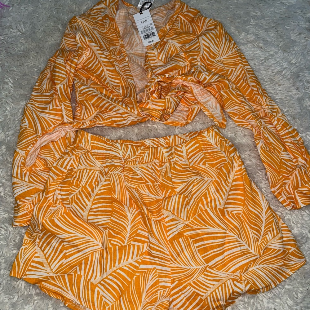 Orange Leaf Print Two-Piece Set